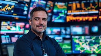 Obraz premium Logistics dispatcher monitoring transportation operations in a high-tech control room (Industry)
