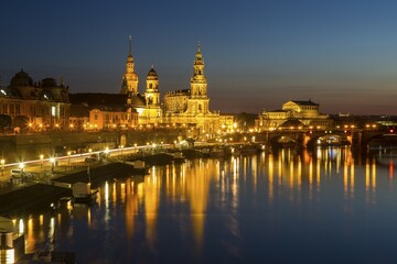 Cityscape with river Elbe and Dresden Cathedral, Dresden, Saxony, Germany, Europe
