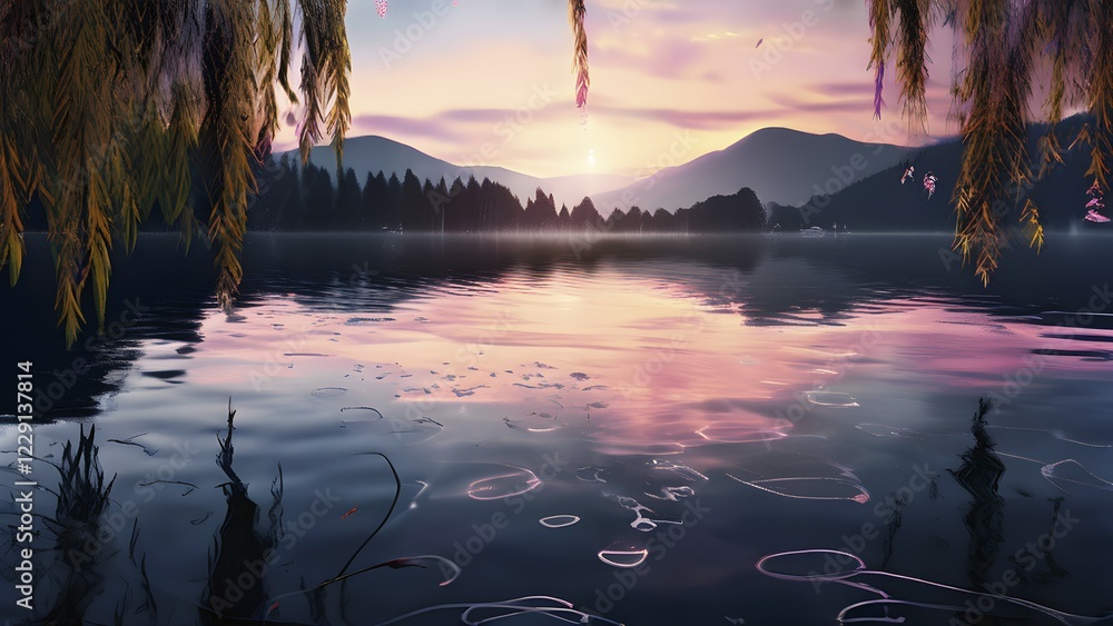 Poster ai generated illustration of a serene lake with reflections on the surface replaced with shimmering 