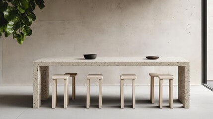 Polished stone-top outdoor dining table with minimalist stools