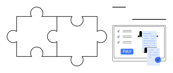 Two puzzle pieces connected alongside a digital payment screen with a bill, pay button, and check mark. Ideal for integration, finance, online transactions, problem-solving, digital solutions