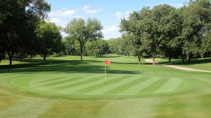 Fototapeta premium Scenic Golf Course Fairway with Green Grass and Red Flag