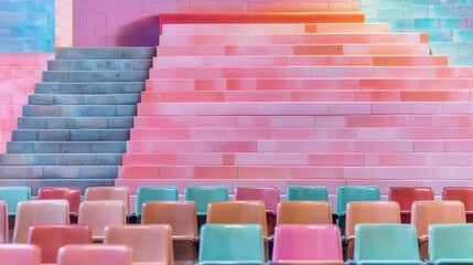 Obraz premium Vibrant seating area with colorful steps and chairs in a modern space.