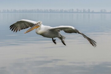 Dalmatian Pelican (Pelecanus crispus), in flight over the Sea, Kerkini lake, Macedonia, Greece, Europe