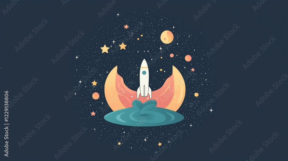 Poster colorful space scene with rocket launching into outer universe