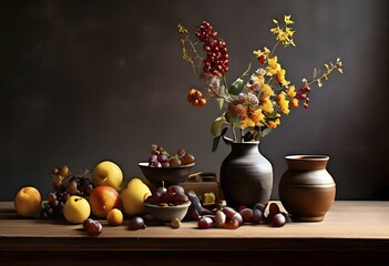 Still life scene of a simple wooden table with a vase of dried flowers, a few ceramic bowls, and scattered fruits, AI generated © Stefan Schurr/imageBROKER