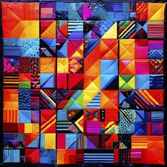 Abstract geometric patchwork illustration with vibrant intersecting geometric shapes filled with digital pattern, AI generated