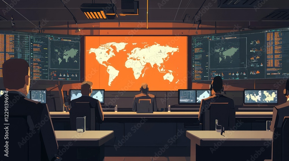 Poster modern control room with technology and global map visualization