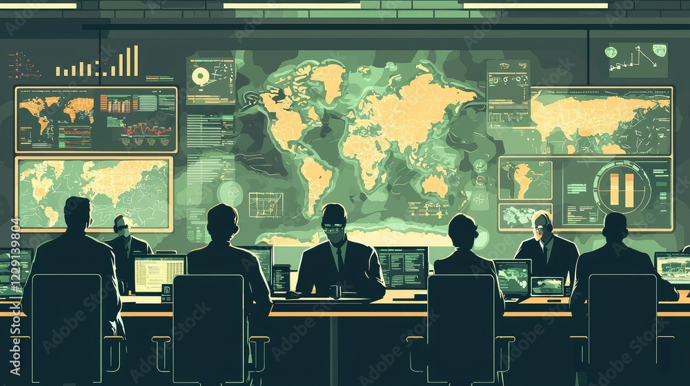 Poster team of analysts in control room with global maps and data visuals