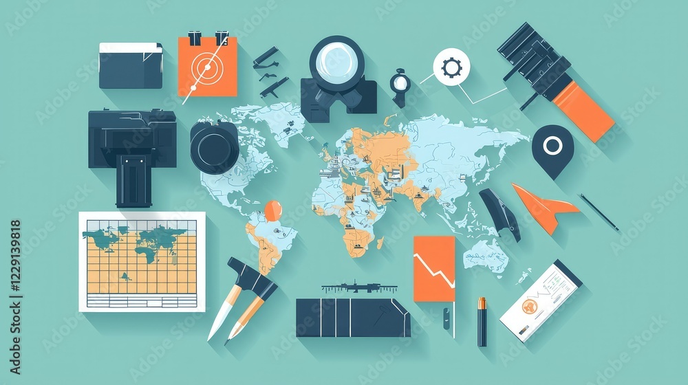 Aufkleber creative workspace arrangement with world map and tools for projects