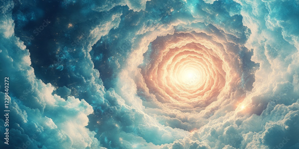Poster a mesmerizing spiral of clouds ascending towards a bright, ethereal light, creating a dreamlike and 