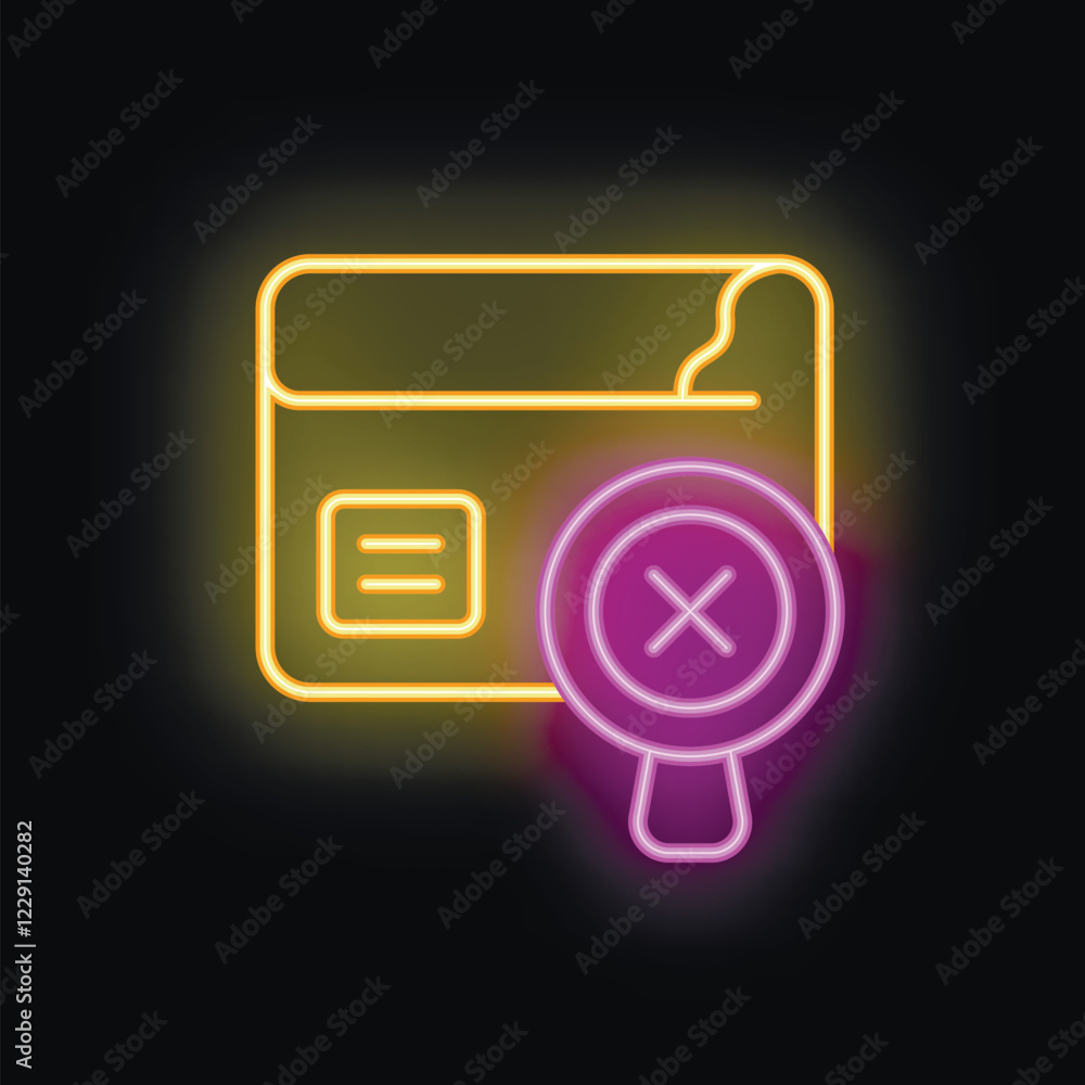 Poster neon icon of a magnifying glass showing a red cross symbol over a website interface, suggesting a pr