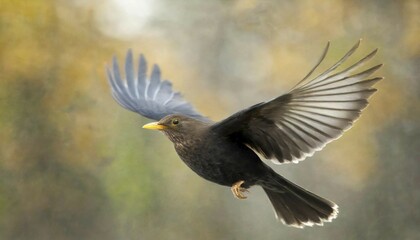 Obraz premium Animal, bird, blackbird, Turdus merula, in flight, AI generated, AI generated