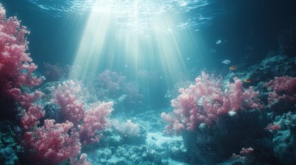 Fototapeta premium Underwater Coral Reef Serenity: Sunbeams Illuminate Vibrant Pink Corals and Tropical Fish