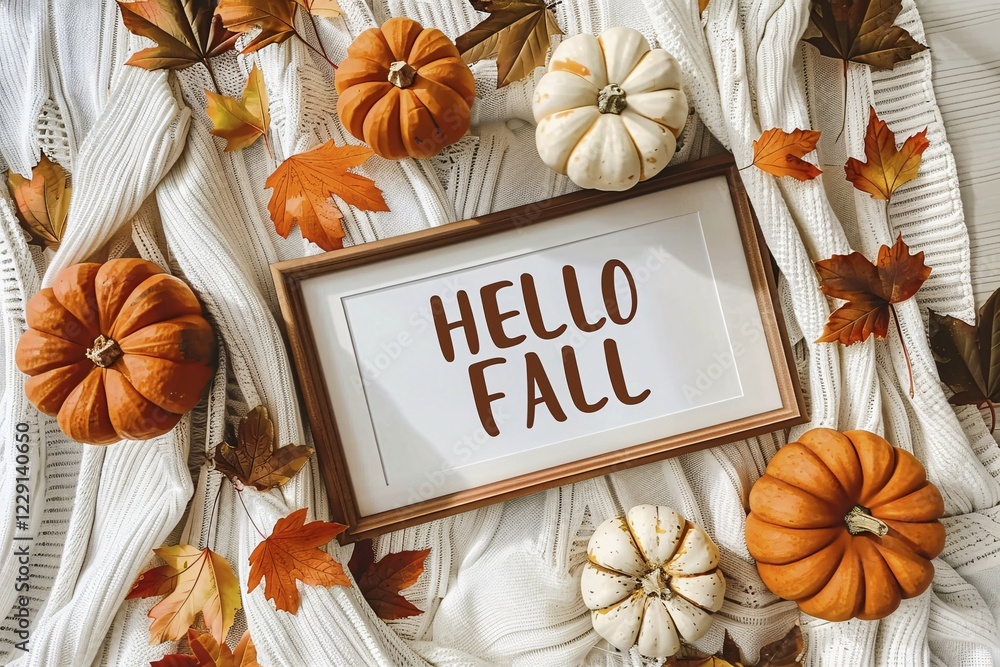 Poster top view of cozy autumn arrangement with picture frame with text 'hell fall', pumpkins and colorful 