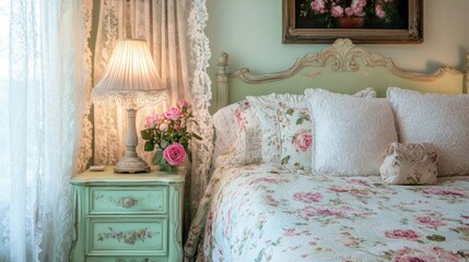Romantic bedroom with floral bedding, lace curtains, and bedside table.