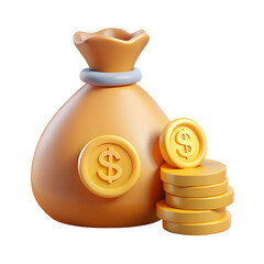 3D Financial Growth and Money Bag Icon for Investment and Savings
