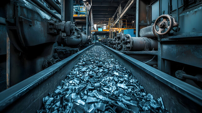 Industrial factory interior with metal scraps on conveyor belt