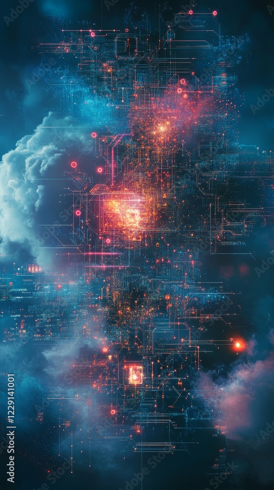 Poster a fusion of technology and clouds with glowing networks