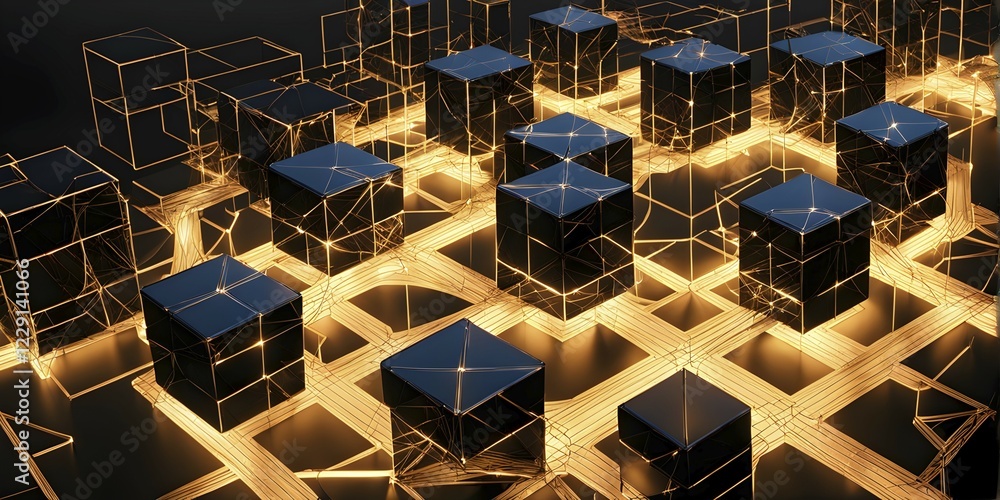 Poster 3d render of a cluster of interconnected geometric cubes forming a complex network, ai generated