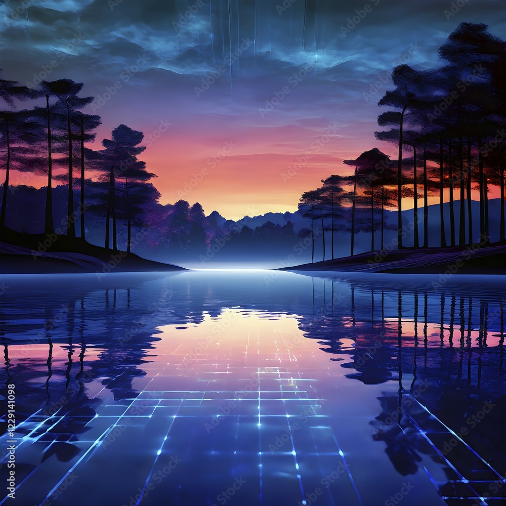 Poster ai generated illustration of a serene lake with reflections on the surface replaced with shimmering 
