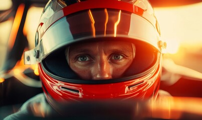 Focused Formula 1 Driver in Helmet Cockpit at Dawn with Intense Concentration and Determination Highlighted by Golden Hour Lighting, 