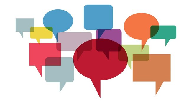 Colorful overlapping speech bubbles represent communication, discussion and conversation