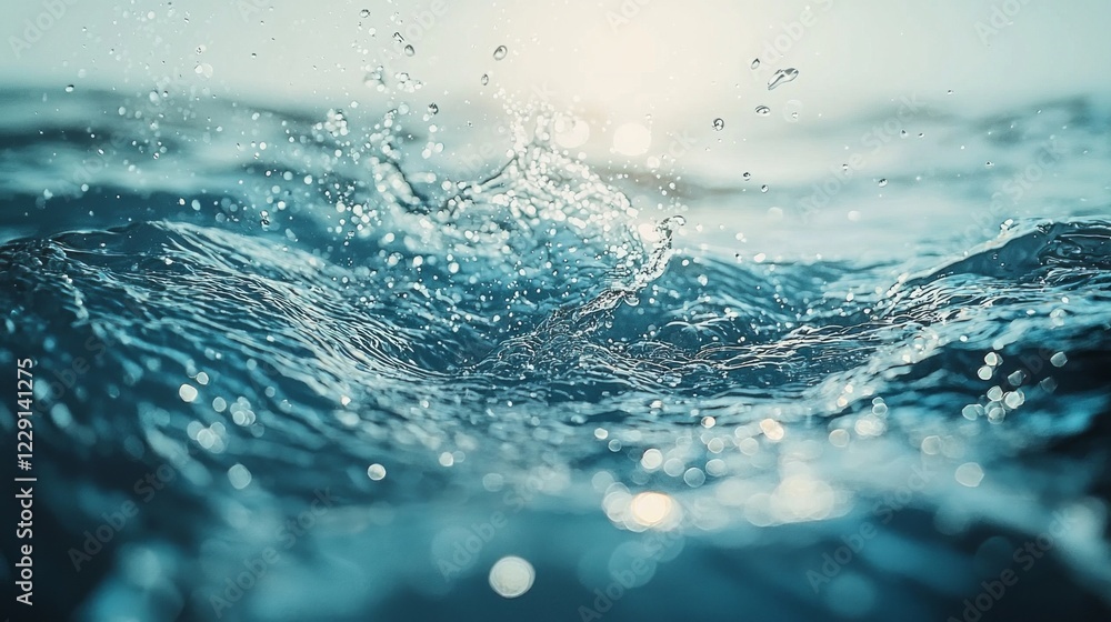 Poster Glittering droplets rise and fall on a vibrant water surface, creating a mesmerizing display of bubbles that catch the gentle sunlight. This serene moment evokes tranquility and beauty