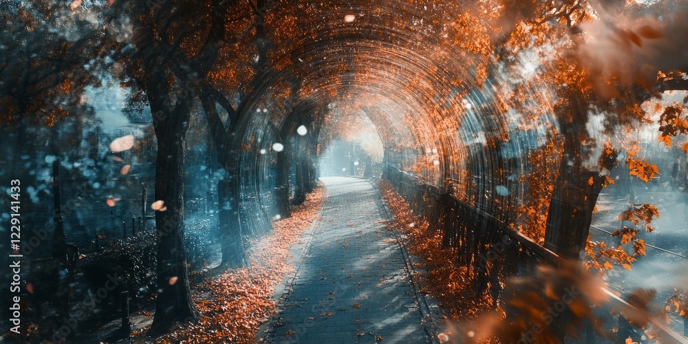Poster a serene autumn pathway with sunlight streaming through colorful leaves, creating a magical and tran