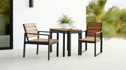 Sleek patio chairs with matte black frames and contoured wood seats