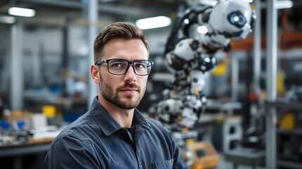 Technician Performing Maintenance on a Robotic Arm in a High-Tech Facility (Industry)