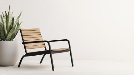 Fototapeta premium Sleek patio chairs with matte black frames and contoured wood seats