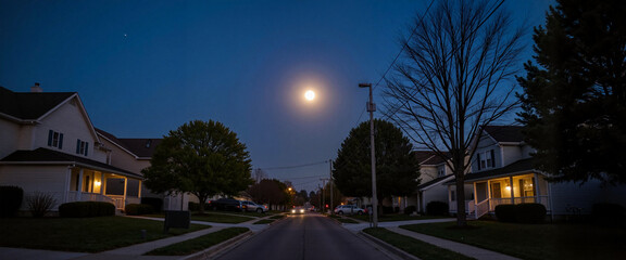 Worm Moon illuminating quiet suburban street, serene night
