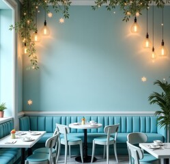 Professional photo mock up of a cozy cafe interior with vintage furniture a lot of decorative elements. Fairy magic atmosphere in a blue colors .