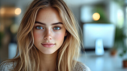 Young woman with long blonde hair and blue eyes, smiling softly in bright, modern workspace, conveying sense of calm and professionalism