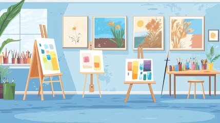 Fototapeta premium Cozy Art Studio Interior with Paintings and Creative Supplies