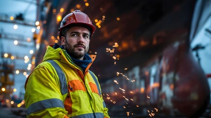 Welder Using Advanced Tools in a Shipyard at Night (Industry)