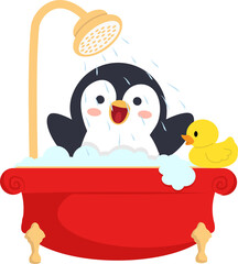 Penguin bathing with foam animal