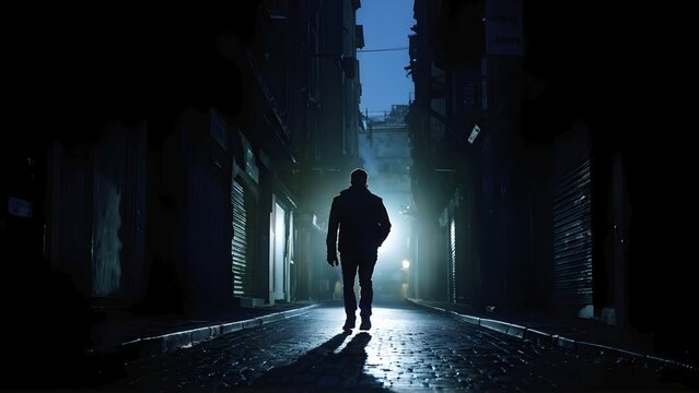 Man fleeing down a narrow dimly lit alleyway urban setting at nighttime, AI generated