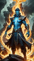 Powerful blue warrior with fiery aura and mystical armor in a dramatic fantasy setting