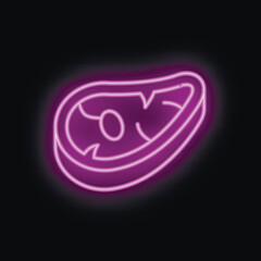 Bright purple neon sign glowing in the dark, showing the shape of a t bone steak