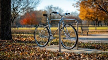 Fototapeta premium Modern Bicycle Leaning Against Rack in Autumn Park Setting