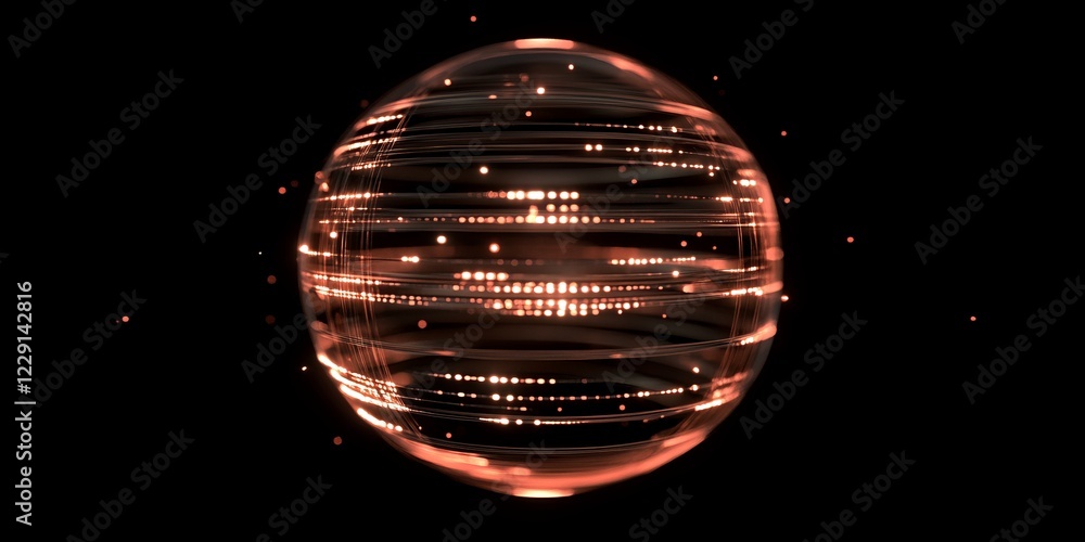 Poster a luminous abstract sphere with dynamic light trails and glowing particles against a dark backdrop, 
