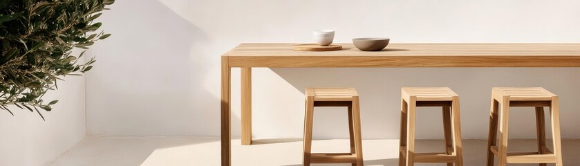 Fototapeta premium Slim teak bar table paired with minimalist stools for outdoor entertaining