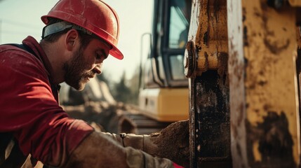A detailed view of a male construction worker in a red hard hat and work gloves, operating heavy machinery with precision, Construction site scene