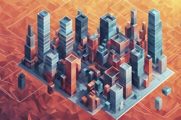 Abstract isometric 3d vector wallpaper illustration of a modern cityscape, AI generated