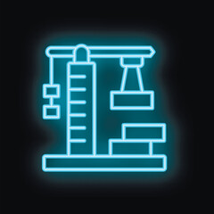 Blue neon style icon of a construction crane lifting a concrete block, symbolizing building and industry