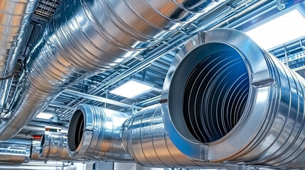 Fototapeta premium A large industrial ventilation system with shiny metal ducts, vivid blue accents, and sharp details, set against a factory backdrop. 