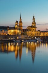 Fototapeta premium Cityscape with Elbe, Ständehaus, Hausmannsturm and Dresden Cathedral, Dresden, Saxony, Germany, Europe
