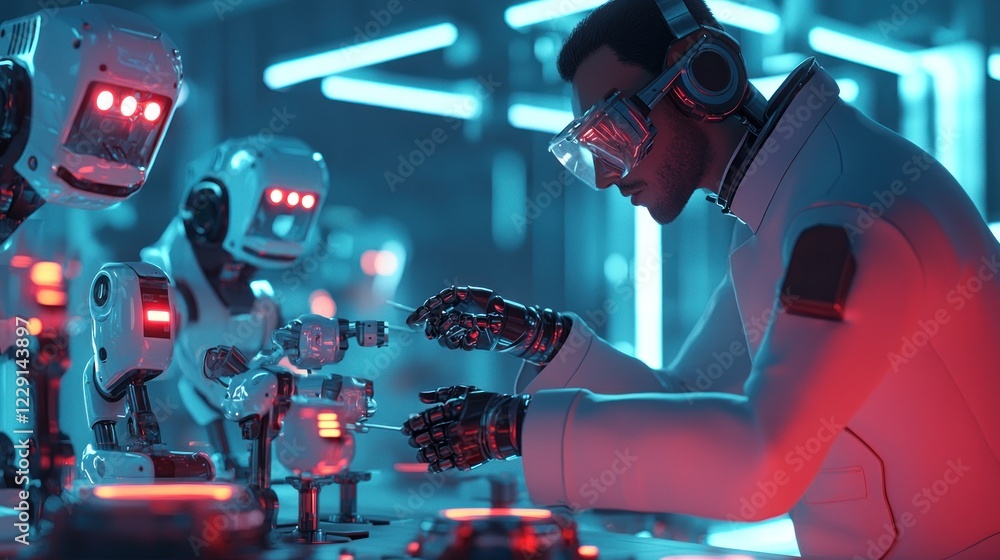 Poster futuristic scientist and robots in neon-lit lab